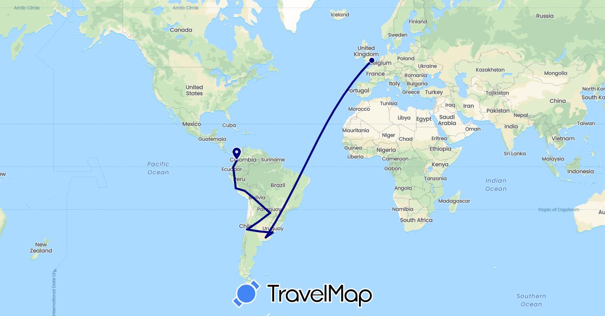 TravelMap itinerary: driving in Argentina, Bolivia, Chile, Colombia, Ecuador, United Kingdom, Peru, Paraguay, Uruguay (Europe, South America)