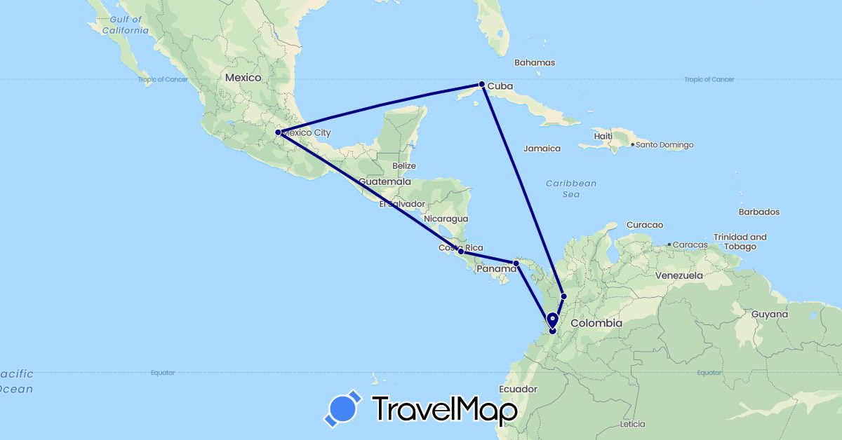 TravelMap itinerary: driving in Colombia, Costa Rica, Cuba, Mexico, Panama (North America, South America)