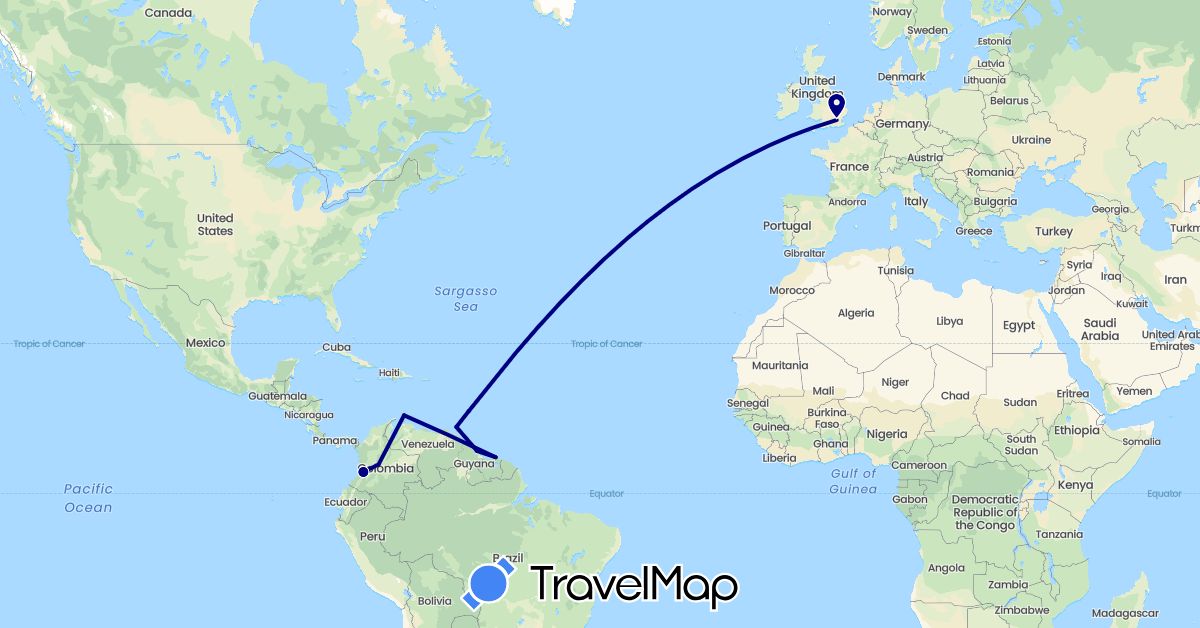 TravelMap itinerary: driving in Barbados, Colombia, United Kingdom, Guyana, Netherlands, Suriname, Trinidad and Tobago (Europe, North America, South America)