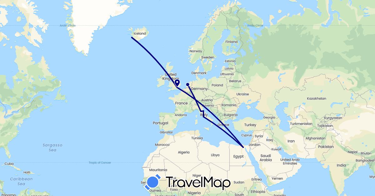 TravelMap itinerary: driving in Egypt, United Kingdom, Iceland, Italy, Netherlands, San Marino, Vatican City (Africa, Europe)